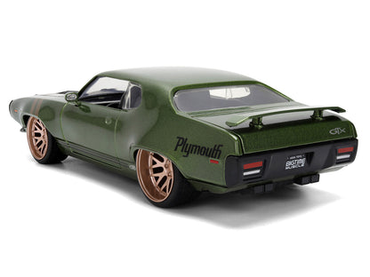 1972 Plymouth GTX Green Metallic with Matt Black Hood and Gold Stripes "Bigtime Muscle" Series 1/24 Diecast Model Car by Jada-4