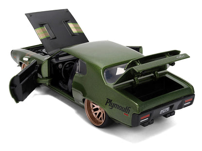1972 Plymouth GTX Green Metallic with Matt Black Hood and Gold Stripes "Bigtime Muscle" Series 1/24 Diecast Model Car by Jada-3