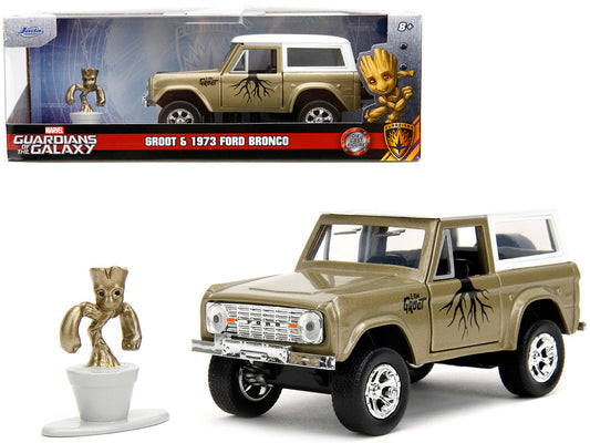 1973 Ford Bronco Gold Metallic with White Top and Groot Diecast Figure "Guardians of the Galaxy" "Marvel" Series 1/32 Diecast Model Car by Jada-0