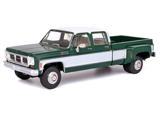 1973 GMC Sierra Grande 3500 Crew Cab Dually Pickup Truck Green and White 1/64 Diecast Model by IXO Models-0