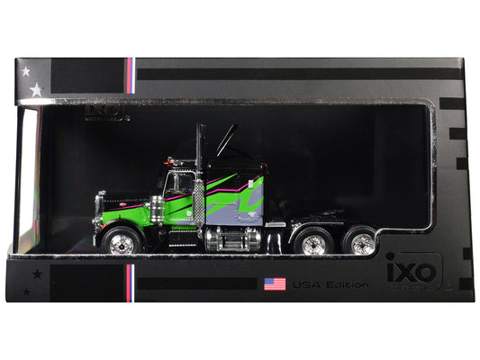 1973 Peterbilt 359 Truck Tractor Black and Lime Green with Graphics 1/64 Diecast Model by IXO Models-0