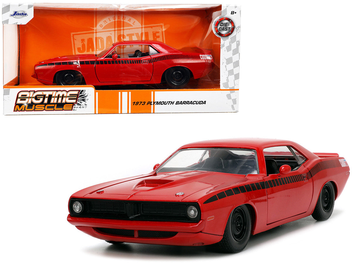 1973 Plymouth Barracuda Red with Black Stripes "Bigtime Muscle" Series 1/24 Diecast Model Car by Jada-0