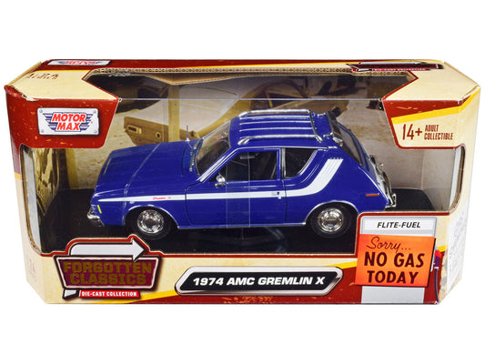 1974 AMC Gremlin X Blue with White Stripes and Roof Rack ’Forgotten Classics’ Series 1/24 Diecast Model Car by Motormax