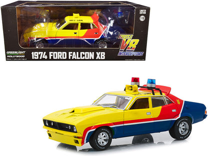 1974 Ford Falcon XB 4-Door Sedan RHD (Right Hand Drive) Yellow and Blue with Red Stripes "MFP 508" "First of the V8 Interceptors" (1979) Movie 1/18 Diecast Model Car by Greenlight-0