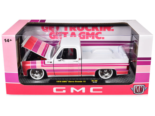 1976 GMC Sierra Grande 15 Pickup Truck White with Stripes Limited Edition to 9250 pieces Worldwide 1/24 Diecast Model Car by M2 Machines-1