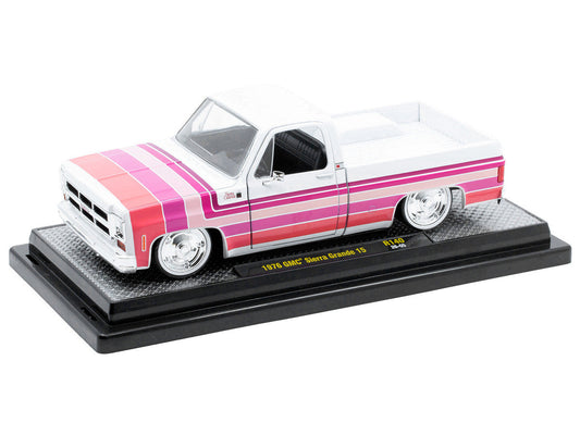 1976 GMC Sierra Grande 15 Pickup Truck White with Stripes Limited Edition to 9250 pieces Worldwide 1/24 Diecast Model Car by M2 Machines-0