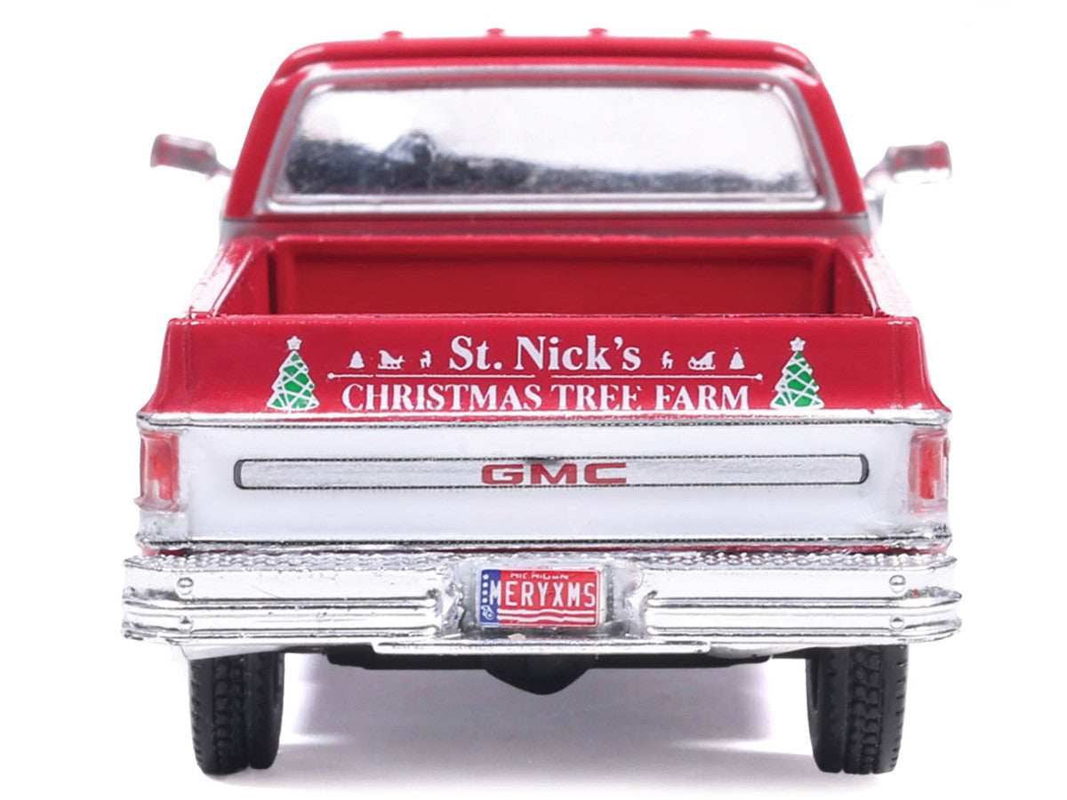 1976 GMC Sierra Grande K2500 Wideside Pickup Truck "St. Nick's Christmas Tree Farm" Red with White Sides "Christmas Limited Edition" 1/64 Diecast Model Car by IXO Models-1