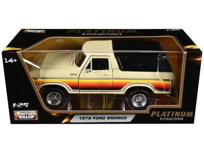 1978 Ford Bronco Custom Cream with Stripes and Black Top "Platinum Collection" Series 1/24 Diecast Model Car by Motormax-2