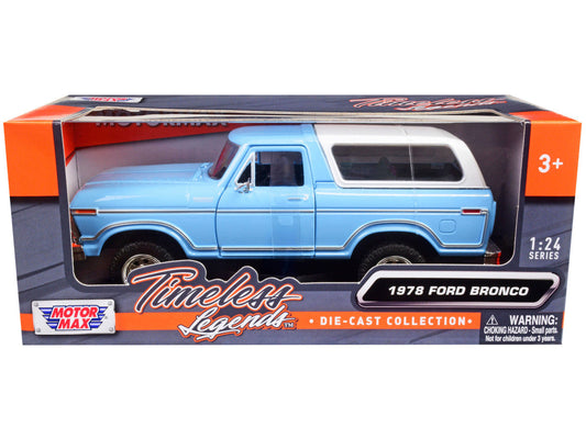 1978 Ford Bronco Custom Light Blue and White "Timeless Legends" Series 1/24 Diecast Model Car by Motormax-0