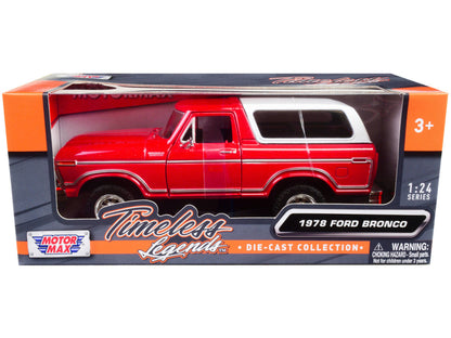 1978 Ford Bronco Custom Red and White "Timeless Legends" Series 1/24 Diecast Model Car by Motormax-2