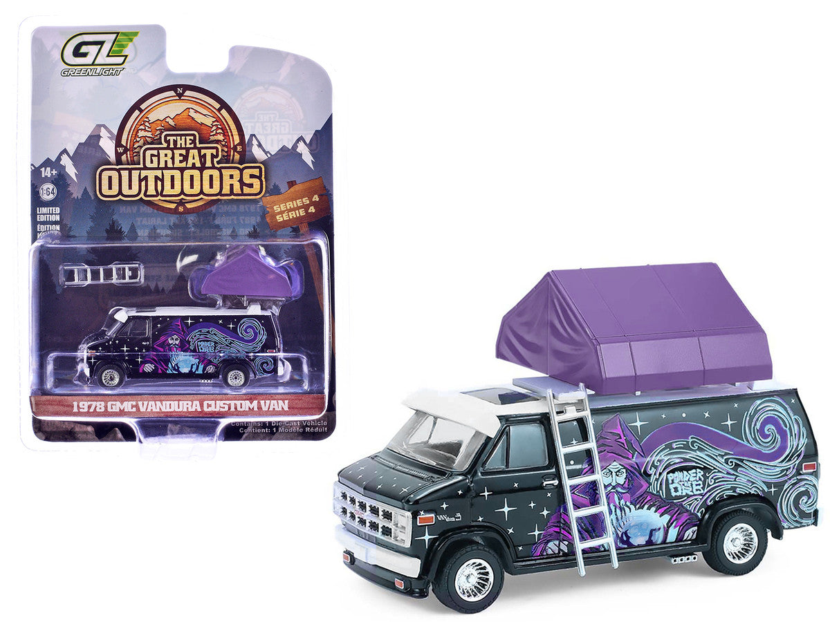 1978 GMC Vandura Custom Van Black with Wizard Graphics and White Top with Camp'otel Cartop Sleeper Tent "The Great Outdoors" Series 4 1/64 Diecast Model Car by Greenlight-0