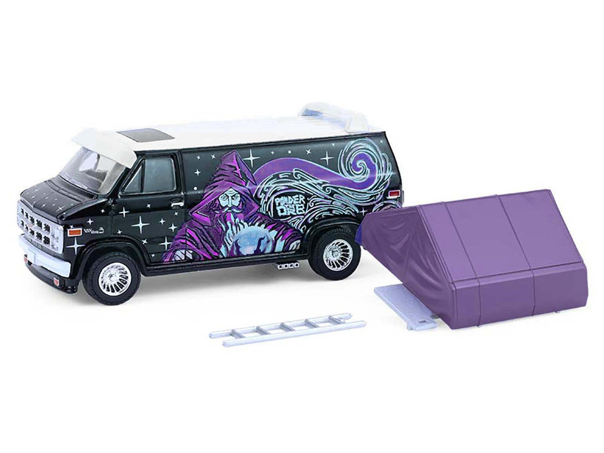 1978 GMC Vandura Custom Van Black with Wizard Graphics and White Top with Camp'otel Cartop Sleeper Tent "The Great Outdoors" Series 4 1/64 Diecast Model Car by Greenlight-1