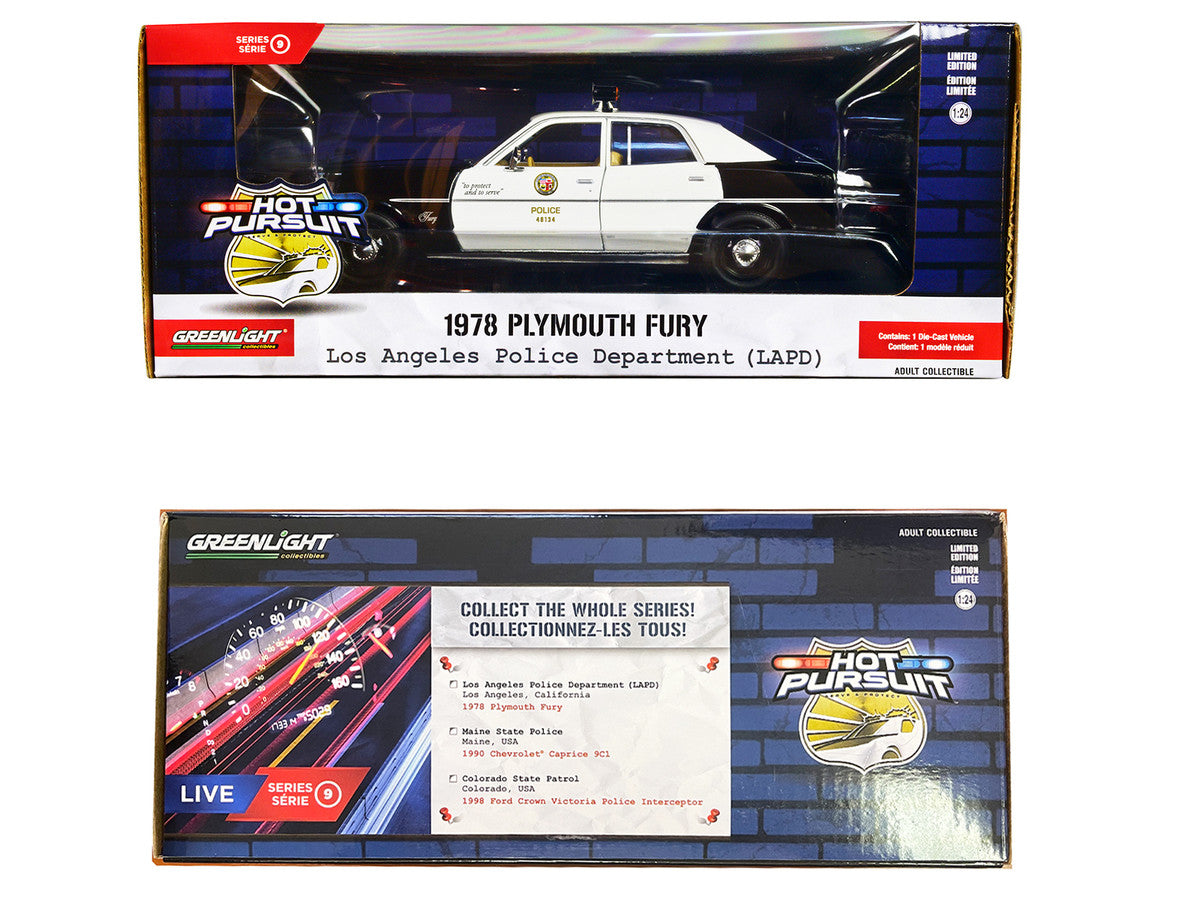 1978 Plymouth Fury Black and White "LAPD (Los Angeles Police Department)" "Hot Pursuit" Series 9 1/24 Diecast Model Car by Greenlight-1