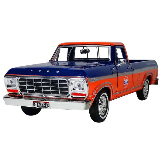 1979 Ford F-150 Custom Pickup Truck "Gulf" Dark Blue and Orange 1/24 Diecast Model Car by Motormax-1