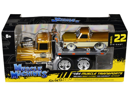 1980 Mack A685ST Flatbed Truck Gold Metallic with Beige Stripes "Madman Garage" and 1972 Chevrolet C10 Pickup Truck Gold Metallic and Beige "Muscle Transports" Series 1/64 Diecast Models by Muscle Machines-2
