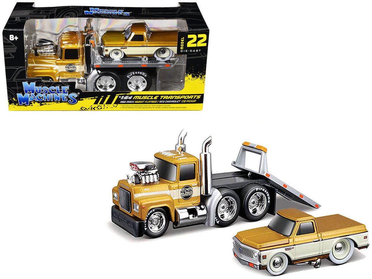 1980 Mack A685ST Flatbed Truck Gold Metallic with Beige Stripes "Madman Garage" and 1972 Chevrolet C10 Pickup Truck Gold Metallic and Beige "Muscle Transports" Series 1/64 Diecast Models by Muscle Machines-0