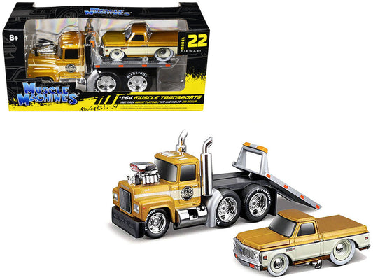 1980 Mack A685ST Flatbed Truck Gold Metallic with Beige Stripes "Madman Garage" and 1972 Chevrolet C10 Pickup Truck Gold Metallic and Beige "Muscle Transports" Series 1/64 Diecast Models by Muscle Machines-0
