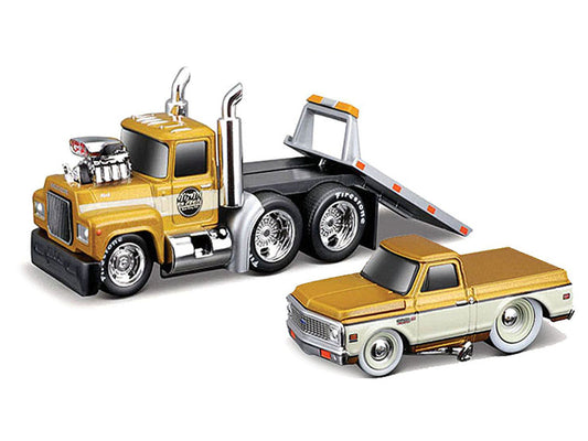 1980 Mack A685ST Flatbed Truck Gold Metallic with Beige Stripes "Madman Garage" and 1972 Chevrolet C10 Pickup Truck Gold Metallic and Beige "Muscle Transports" Series 1/64 Diecast Models by Muscle Machines-1