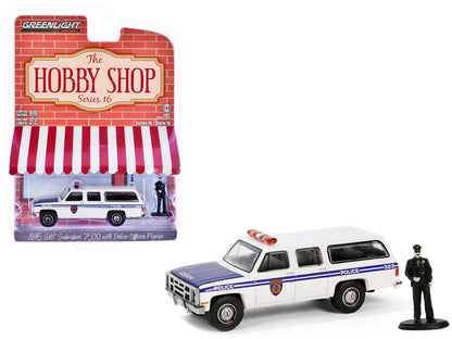 1985 GMC Suburban 2500 "New York City Transit Police Department" White with Blue Stripes and Police Officer Figure "The Hobby Shop" Series 16 1/64 Diecast Model Car by Greenlight-2