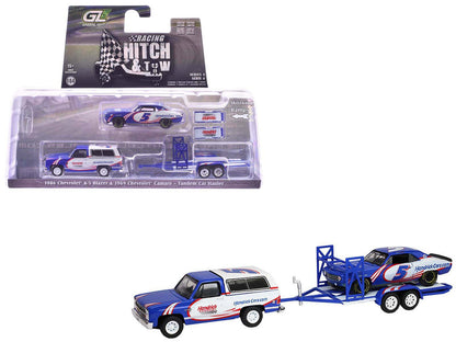 1986 Chevrolet K5 Blazer Blue and White and 1969 Chevrolet Camaro #5 Blue and White "Kyle Larson - Hendrick Motorsports" with Tandem Car Trailer "Racing Hitch & Tow" Series 6 1/64 Diecast Model Cars by Greenlight-4