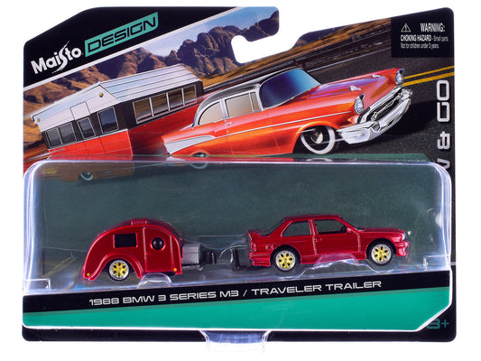 1988 BMW 3 Series M3 Red Metallic with Traveler Trailer ’Tow & Go’ Series 1/64 Diecast Model Car by Maisto - Car Models