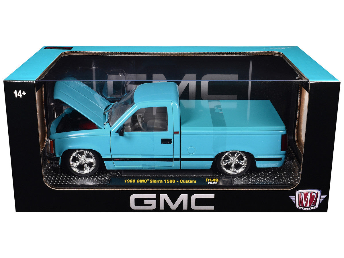 1988 GMC Sierra 1500 Custom Pickup Truck Light Blue with Black Stripes Limited Edition to 9250 pieces Worldwide 1/24 Diecast Model Car by M2 Machines-1