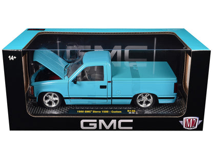 1988 GMC Sierra 1500 Custom Pickup Truck Light Blue with Black Stripes Limited Edition to 9250 pieces Worldwide 1/24 Diecast Model Car by M2 Machines-1