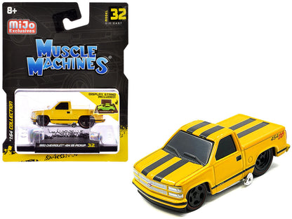 1993 Chevrolet 454 SS Pickup Truck Yellow with Black Stripes 1/64 Diecast Model Car by Muscle Machines-0