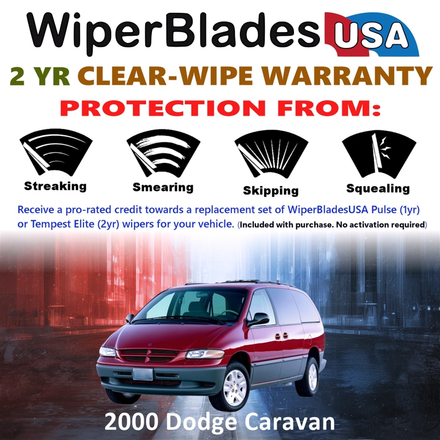 2000 Dodge Caravan Wiper Blades w/2yr Wear Warranty (Set of 3) w/Rear Wipers-1