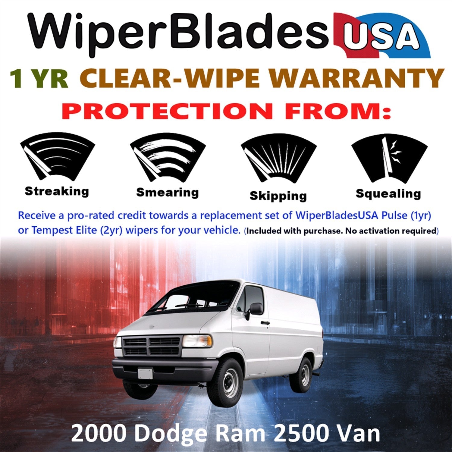 2000 Dodge Ram 2500 Van Wiper Blades w/1yr Wear Warranty (Set of 2) Wipers-1