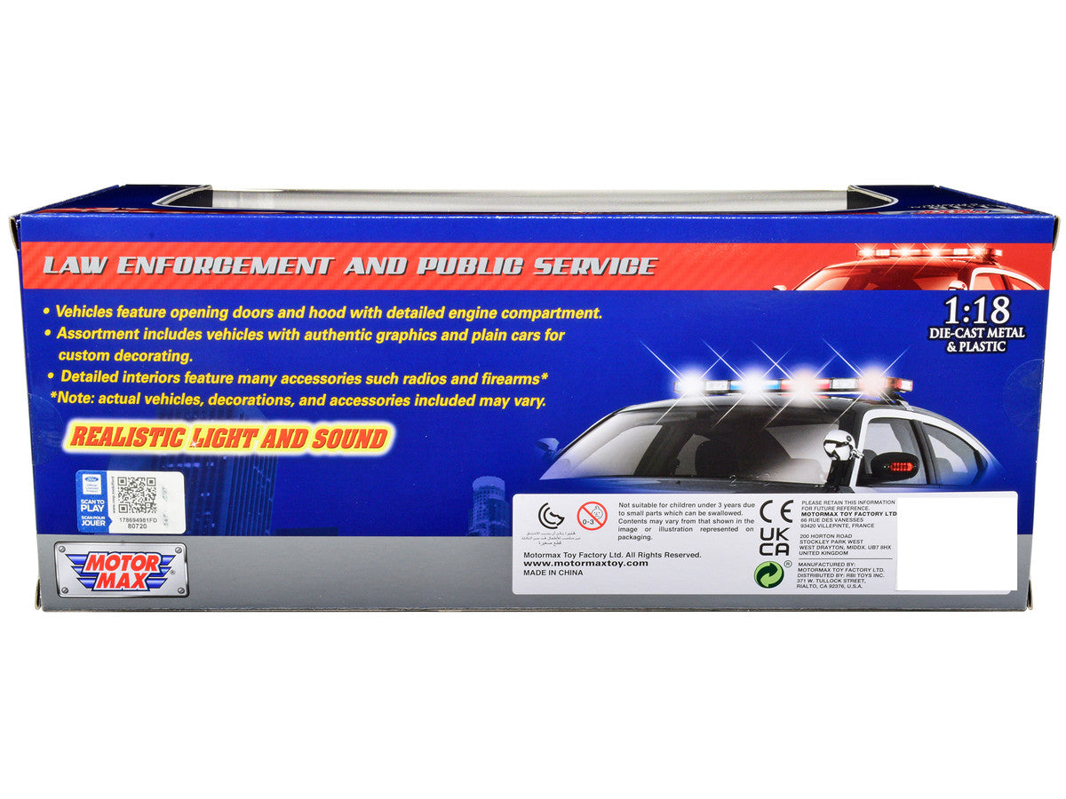 2001 Ford Crown Victoria Police Car Plain Black & White with Flashing Light Bar & Front and Rear Lights and Sound 1/18 Diecast Model Car by Motormax-2
