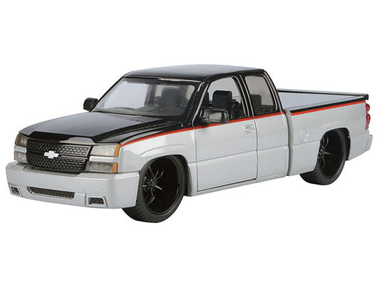 2006 Chevrolet Silverado Custom Pickup Truck Silver Metallic and Black with Red Stripes ’Die-Cast Collection’ Series
