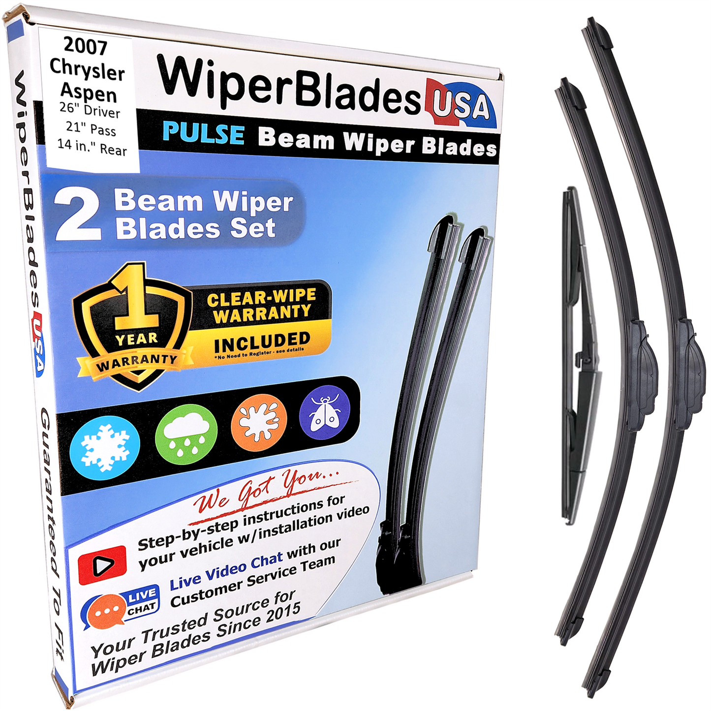 2007 Chrysler Aspen Wiper Blades w/1yr Wear Warranty (Set of 3) w/Rear Wipers-0