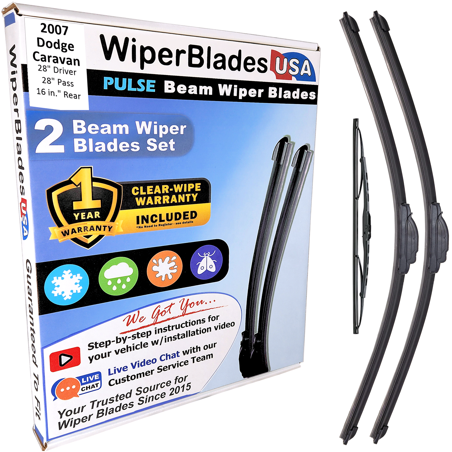 2007 Dodge Caravan Wiper Blades w/1yr Wear Warranty (Set of 3) w/Rear Wipers-0