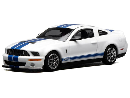 2007 Ford Mustang Shelby GT500 Performance White with Blue Stripes 1/64 Diecast Model Car by MotorHelix & Greenlight-1