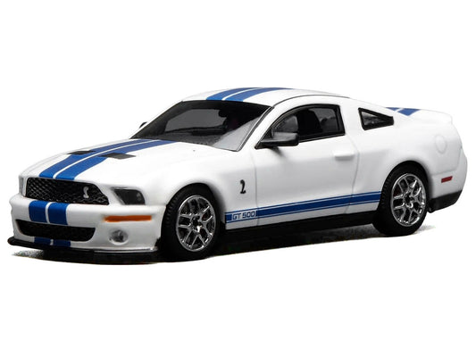 2007 Ford Mustang Shelby GT500 Performance White with Blue Stripes 1/64 Diecast Model Car by MotorHelix & Greenlight-1
