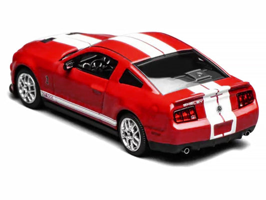 2007 Ford Mustang Shelby GT500 Torch Red with White Stripes 1/64 Diecast Model Car by MotorHelix & Greenlight-1