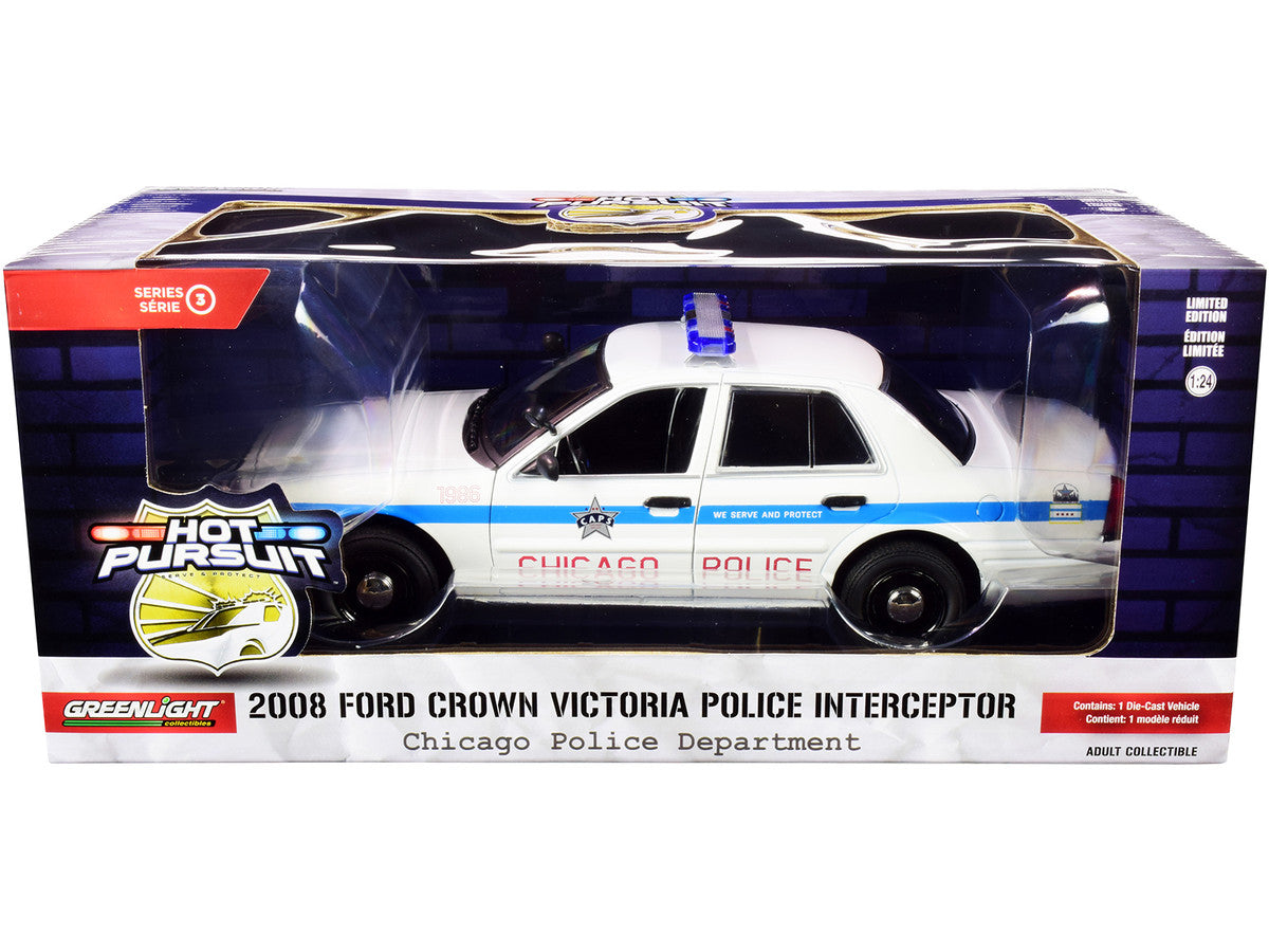 2008 Ford Crown Victoria Police Interceptor "CAPS" White with Blue Stripes "Chicago Police Department" "Hot Pursuit" Series 1/24 Diecast Model Car by Greenlight-2