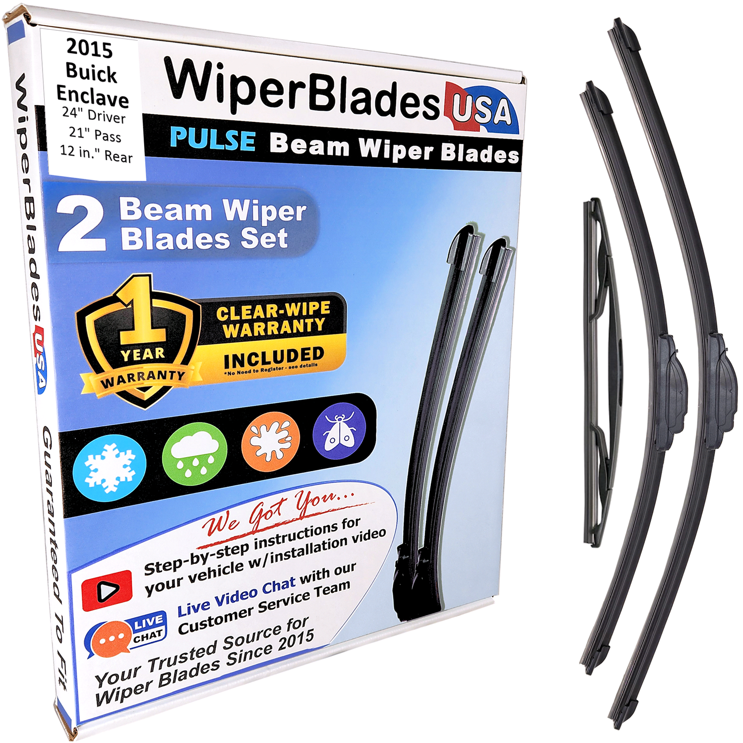2015 Buick Enclave Wiper Blades w/1yr Wear Warranty (Set of 3) w/Rear Wipers-0