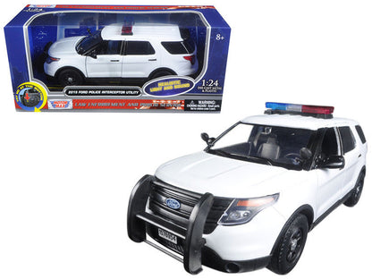2015 Ford Police Interceptor Utility White with Flashing Light Bar and Front and Rear Lights and 2 Sounds 1/24 Diecast Model Car by Motormax-0