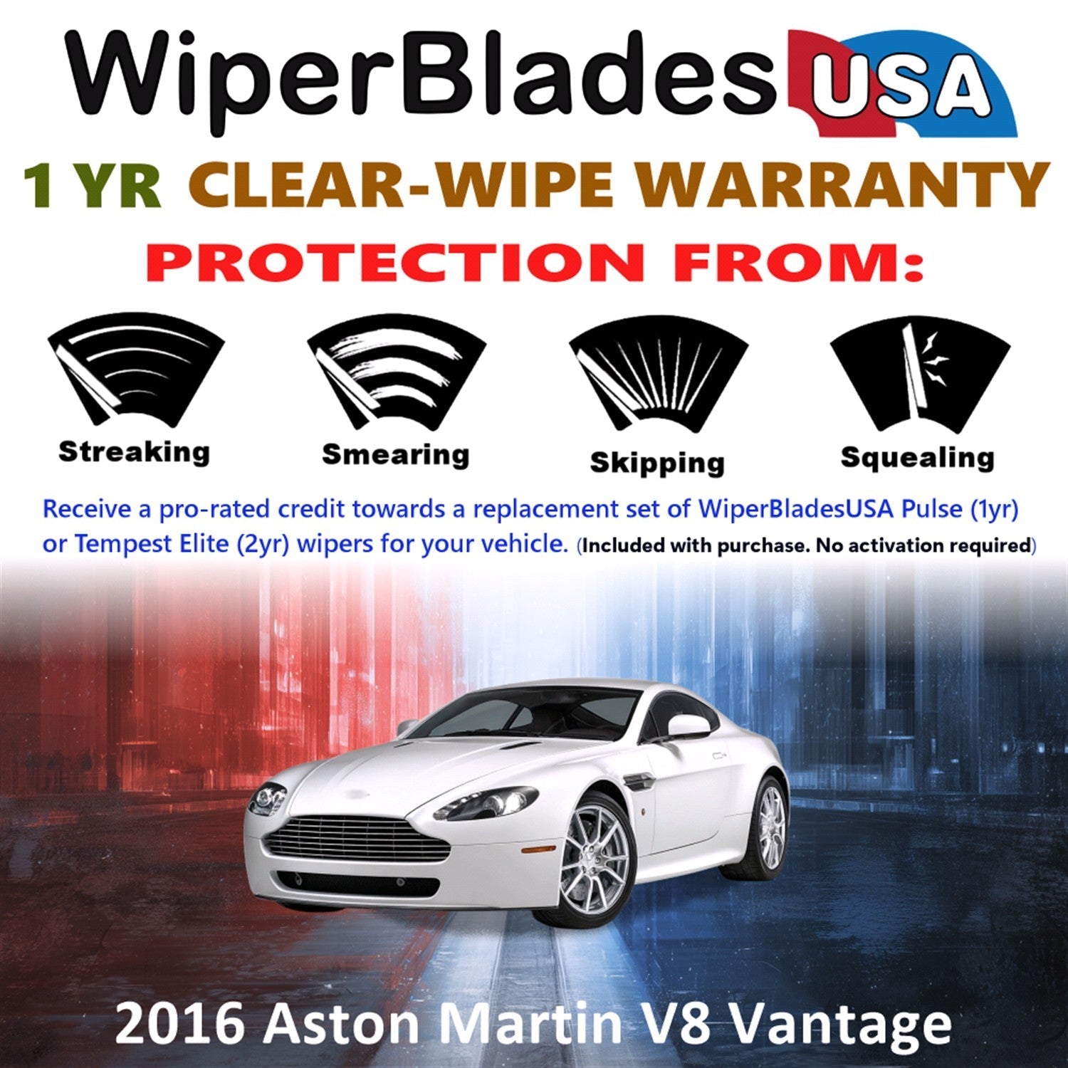 2016 Aston Martin V8 Vantage Wiper Blades w/1yr Wear Warranty (Set of 2) Wipers-1