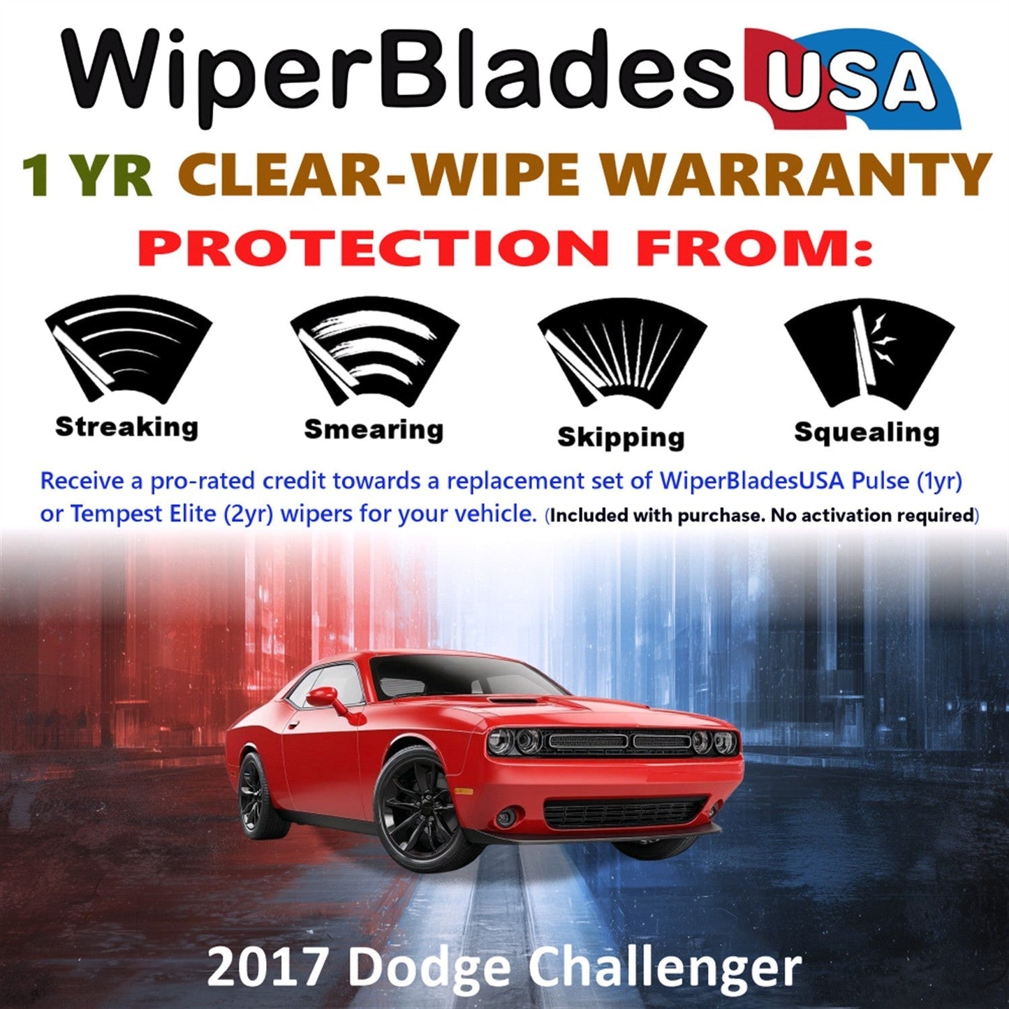 2017 Dodge Challenger Wiper Blades w/1yr Wear Warranty (Set of 2) Wipers-1