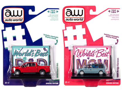 2018 Ford F-150 Pickup Truck Red and 1984 Dodge Caravan Minivan Blue Metallic "World's Best Mom and Dad" Set of 2 Pieces 1/64 Diecast Model Cars by Auto World-0