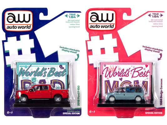 2018 Ford F-150 Pickup Truck Red and 1984 Dodge Caravan Minivan Blue Metallic "World's Best Mom and Dad" Set of 2 Pieces 1/64 Diecast Model Cars by Auto World-0