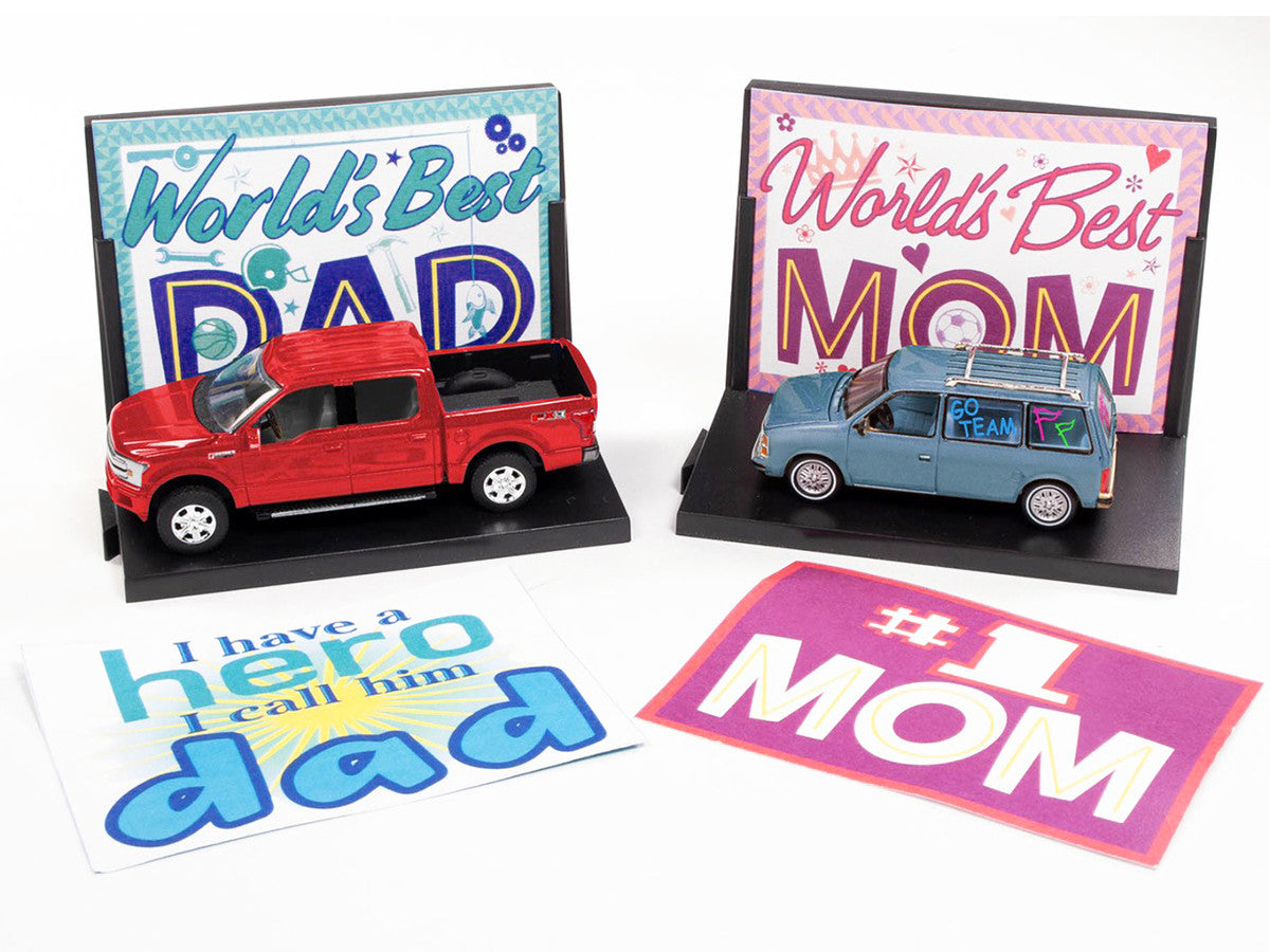 2018 Ford F-150 Pickup Truck Red and 1984 Dodge Caravan Minivan Blue Metallic "World's Best Mom and Dad" Set of 2 Pieces 1/64 Diecast Model Cars by Auto World-2