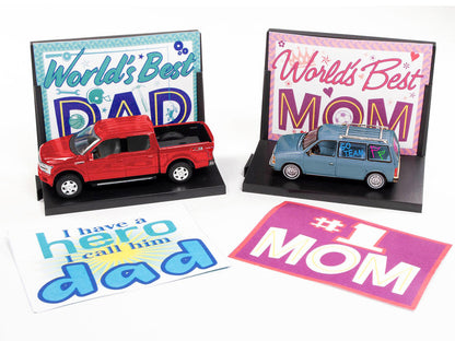 2018 Ford F-150 Pickup Truck Red and 1984 Dodge Caravan Minivan Blue Metallic "World's Best Mom and Dad" Set of 2 Pieces 1/64 Diecast Model Cars by Auto World-2