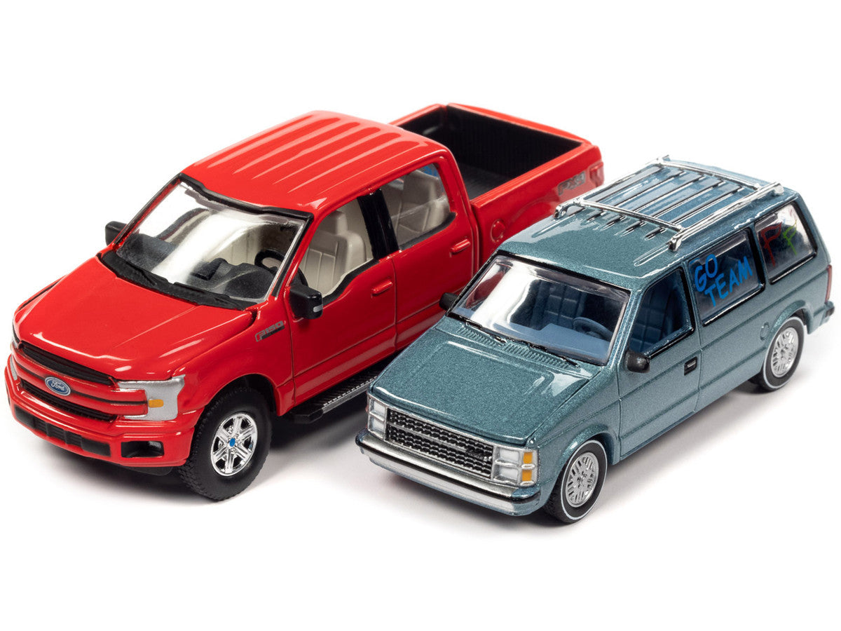 2018 Ford F-150 Pickup Truck Red and 1984 Dodge Caravan Minivan Blue Metallic "World's Best Mom and Dad" Set of 2 Pieces 1/64 Diecast Model Cars by Auto World-1