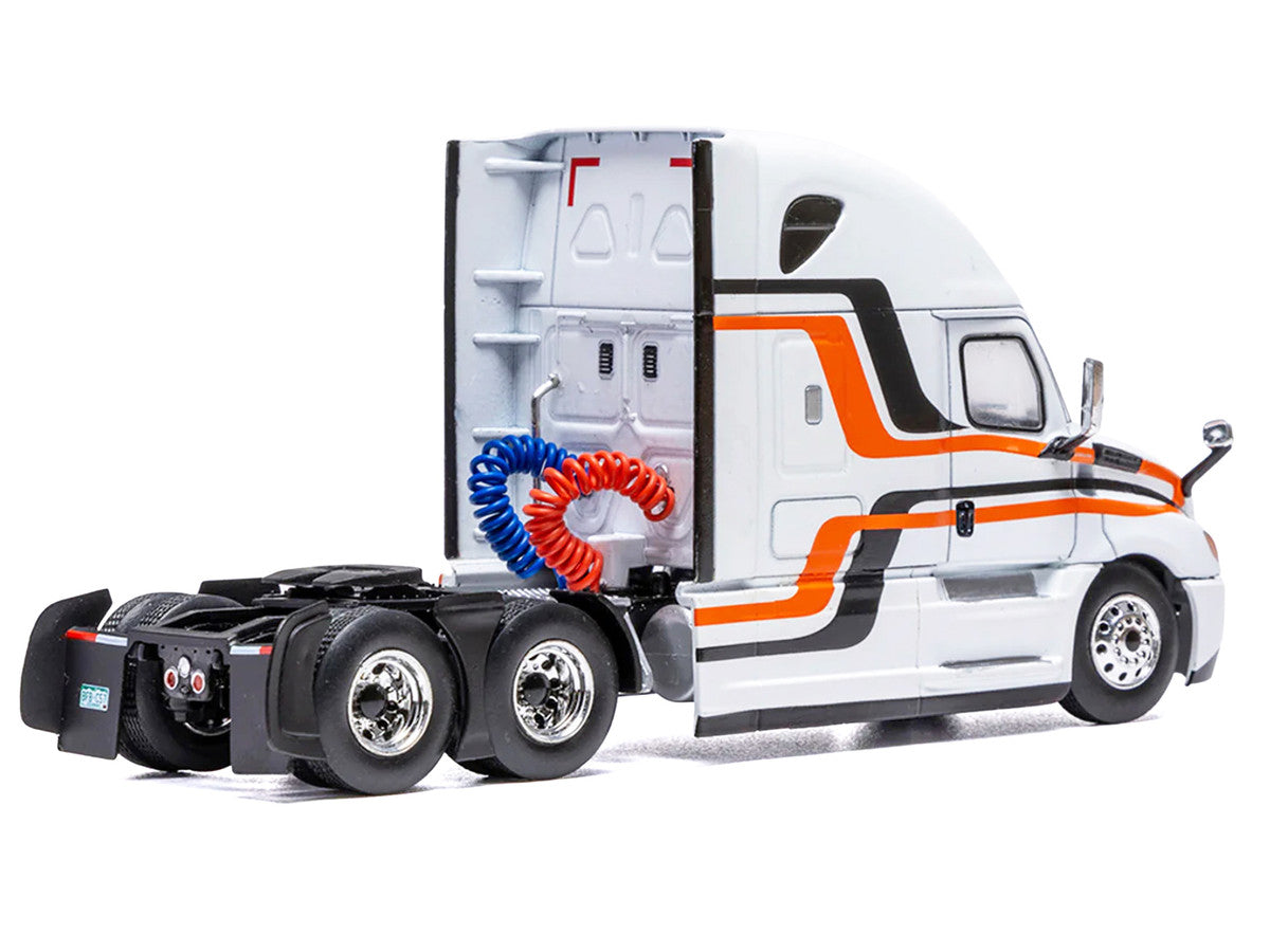 2018 Freightliner Cascadia Truck Tractor White with Black and Orange Stripes 1/64 Diecast Model by IXO Models-1