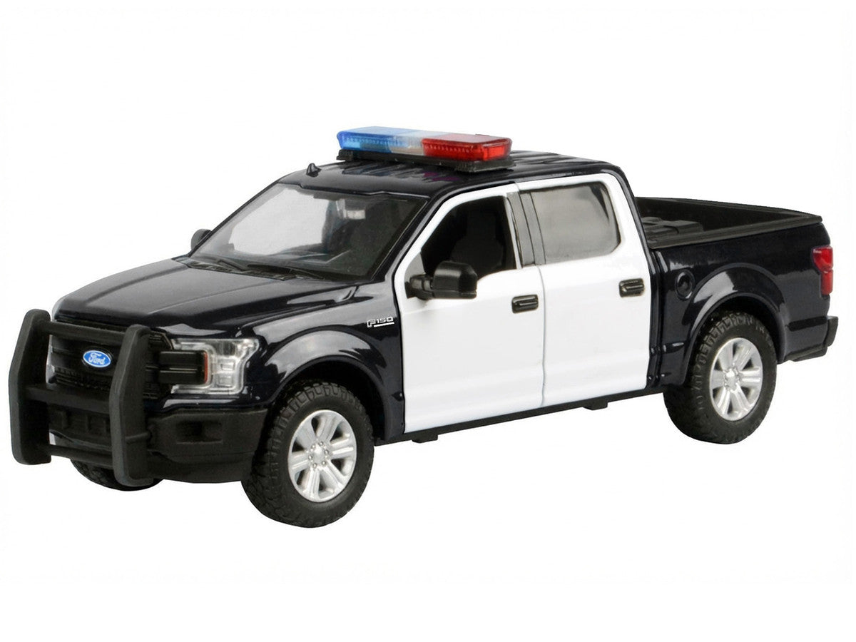 2019 Ford F-150 Lariat Crew Cab Pickup Truck Black and White with Flashing Light Bar and Front and Rear Lights and Sounds 1/27 Diecast Model Car by Motormax-1
