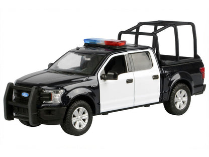2019 Ford F-150 Lariat Crew Cab Pickup Truck with Bed Cage Black and White with Flashing Light Bar and Front and Rear Lights and Sounds 1/27 Diecast Model Car by Motormax-1
